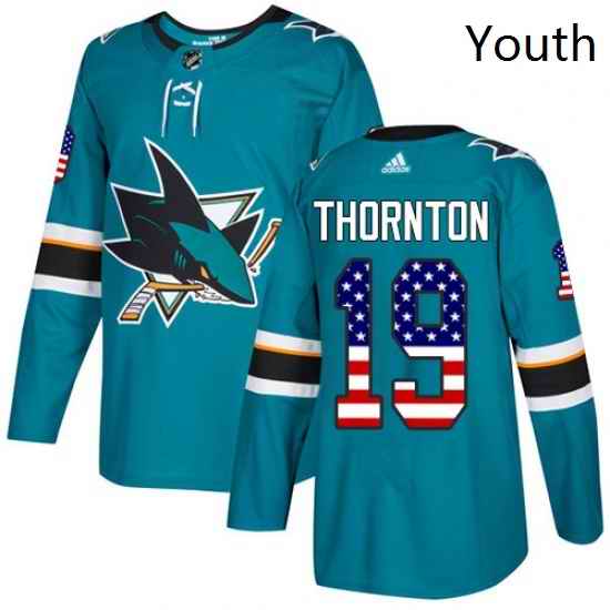 Youth Adidas San Jose Sharks 19 Joe Thornton Authentic Teal Green USA Flag Fashion NHL Jersey